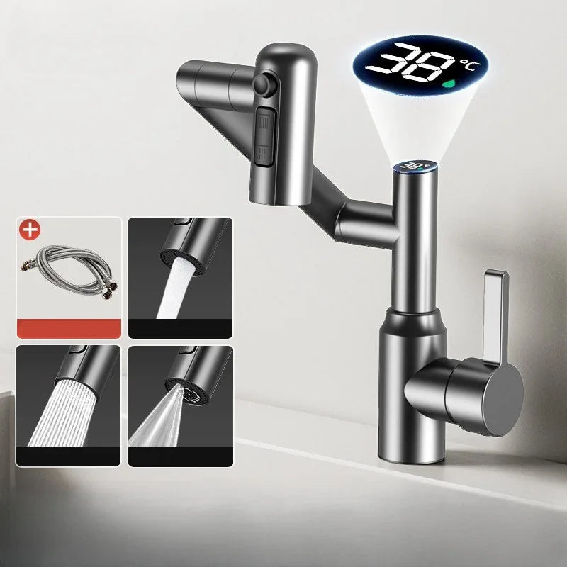 Digital Display LED Basin Faucet 360° Rotation Multi-Function Stream Sprayer Hot Cold Water Sink Mixer Wash Tap for Bathroom