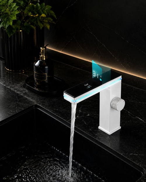 Digital Display Bathroom Basin Faucet Intelligent LED Brass Deck Mounted Washbasin Crane Hot Cold Water Mixer Sink Vanity Tap