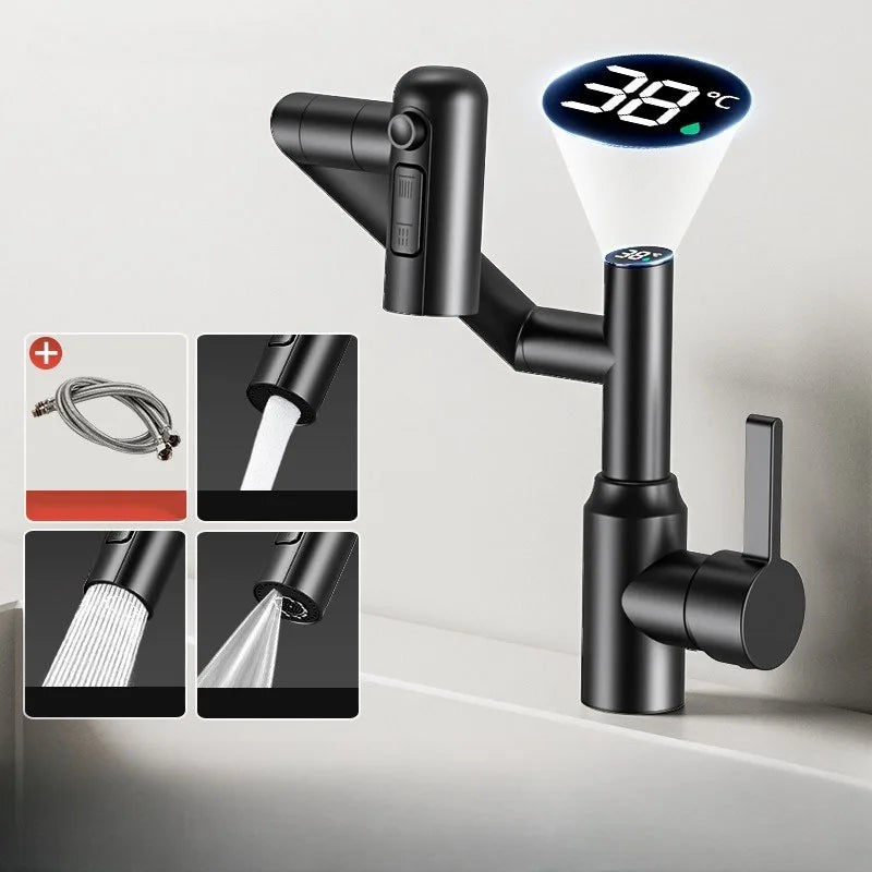 Digital Display LED Basin Faucet 360° Rotation Multi-Function Stream Sprayer Hot Cold Water Sink Mixer Wash Tap for Bathroom