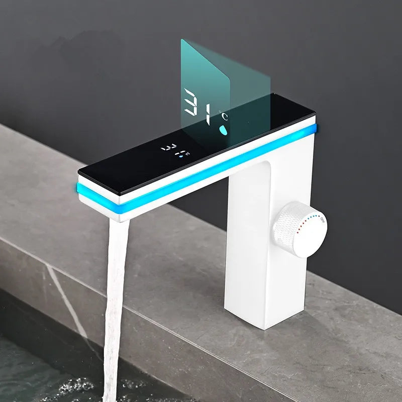 Digital Display Bathroom Basin Faucet Intelligent LED Brass Deck Mounted Washbasin Crane Hot Cold Water Mixer Sink Vanity Tap