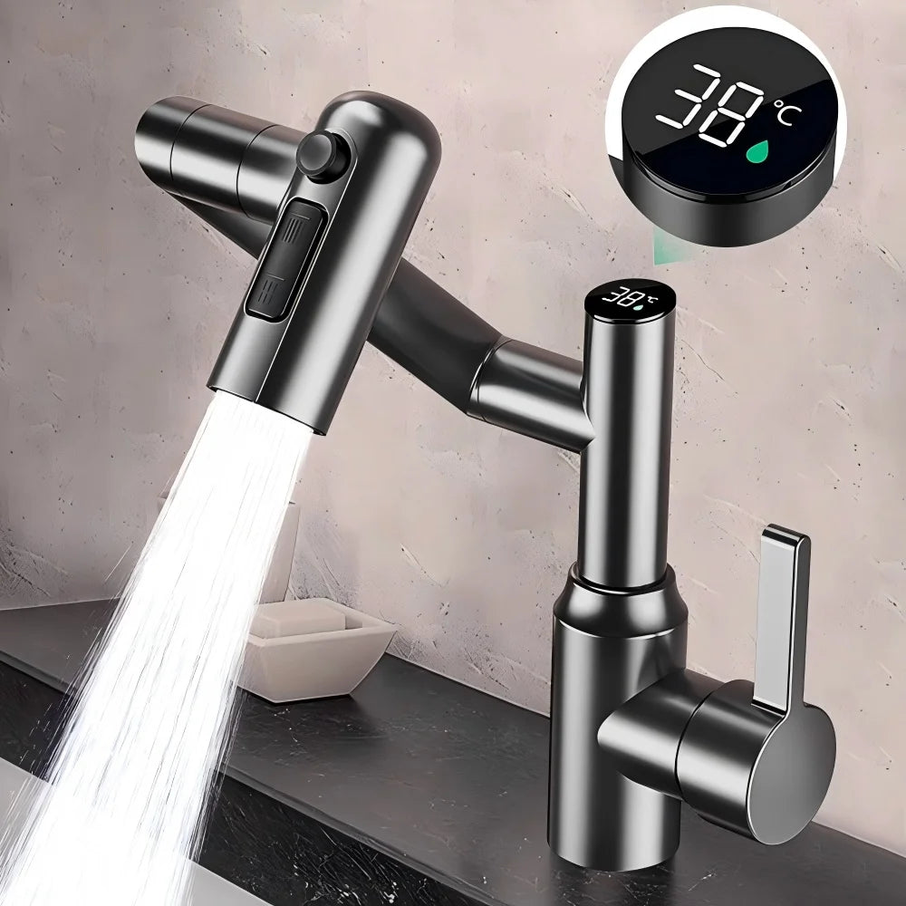 Digital Display LED Basin Faucet 360° Rotation Multi-Function Stream Sprayer Hot Cold Water Sink Mixer Wash Tap for Bathroom