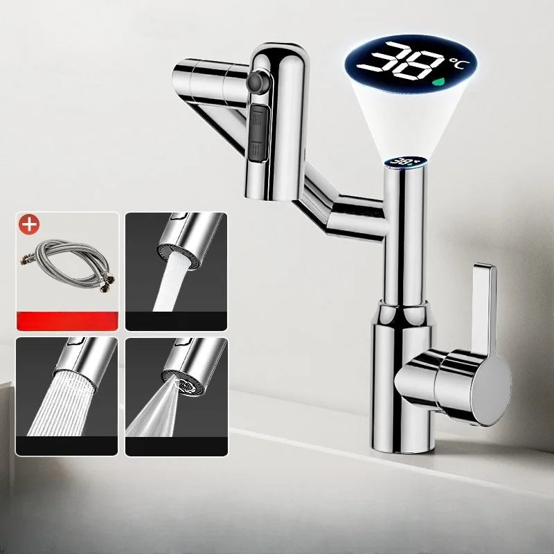 Digital Display LED Basin Faucet 360° Rotation Multi-Function Stream Sprayer Hot Cold Water Sink Mixer Wash Tap for Bathroom
